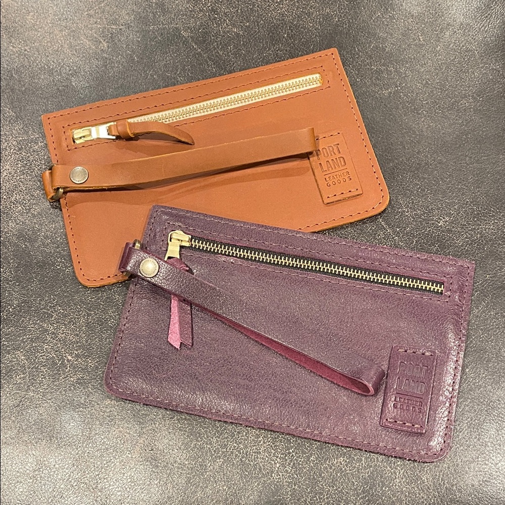New Portland leather goods Adriana wristlets - plum and honey - zip pocket